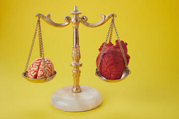 Brain and heart on scale balance on yellow background