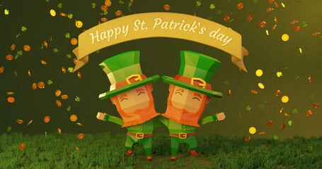 St. patrick's day in 4k. 3d rendered illustration, low poly cartoon characters hug each other , Falling coins with Cloverleaf sign