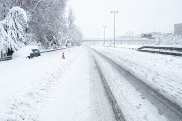 Madrid highways and roads covered with snow during the historical Snowtorm over Madrid city, Spain.