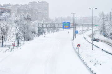 Madrid highways and roads covered with snow during the historical Snowtorm over Madrid city, Spain.