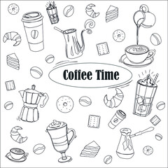 Cute vector clip arts. Assorted drinks, cups, cakes, coffee beans and coffee making tools.