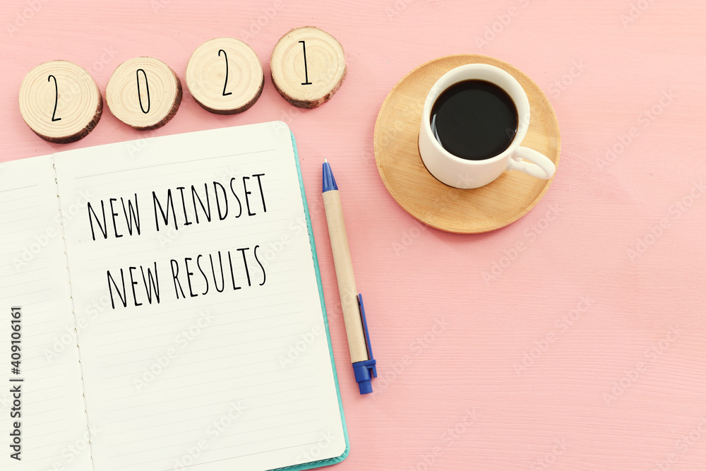 Poster top view image of table with open notebook and the text new mindset new results. success and persona