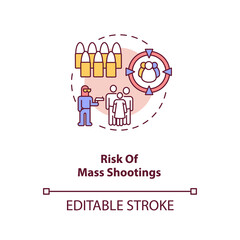 Risk of mass shooting concept icon. Terrorist with firearm. Life threat. Public assault. Gun violence idea thin line illustration. Vector isolated outline RGB color drawing. Editable stroke