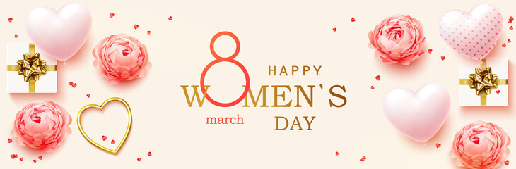 8 March. Women's Day horizontal banner for the website. Postcard on March 8. Romantic background with realistic design elements, gift box, golden hearts, balloons in the shape of heart and flowers