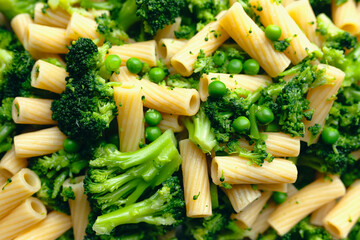 Freshly cooked pasta, broccoli and peas, ready for eating or dressing, healthy food