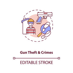 Gun theft and crimes concept icon. Firearm robbery. Assault with weapon. Criminal record. Gun violence idea thin line illustration. Vector isolated outline RGB color drawing. Editable stroke
