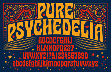 A 1960s style psychedelic alphabet with swirly line art designs - obrazy, fototapety, plakaty