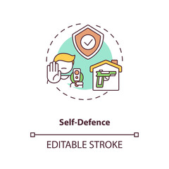 Self defense concept icon. Civilian with weapon for safety. Firearm to protect private property. Gun control idea thin line illustration. Vector isolated outline RGB color drawing. Editable stroke