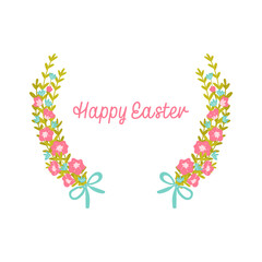 Happy Easter wreath of flowers and leaves isolated on a white background. Vector illustration in the style of hand drawn flat.