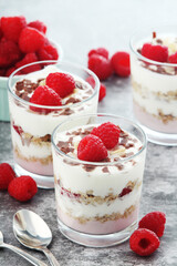 Granola with yogurt trifles with raspberry
