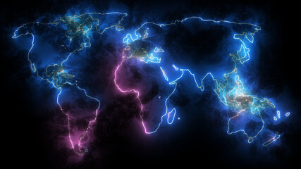 Outline of world map with fire. Burning line art, creative neon map of Planet Earth