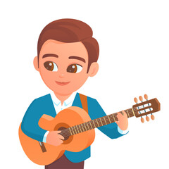 A young guy plays the guitar. A smile on my face. Classical musical instrument. Illustration of a cartoon character on a white background.