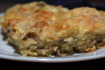 cut piece of a homemade salty mushroom pie on the white plate