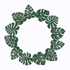 Exotic tropical jungle rainforest round circle wreath frame. Bright green monstera leaves. Isolated design element on white background. Place for text. Vector design illustration.