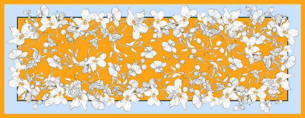 Silk scarf with apple blossom. Abstract seamless vector pattern with hand drawn floral elements. Trend colorful silk scarf with flowers. Size 180x70. Yellow, light blue and white