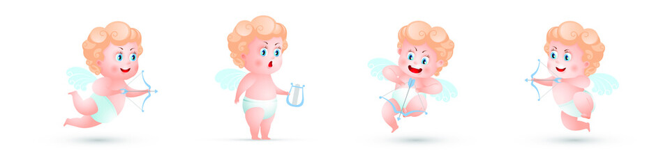 Amur baby angel. Cute funny cupid little god eros Greece kids in different poses. Valentine angel collection. Vector isolated.