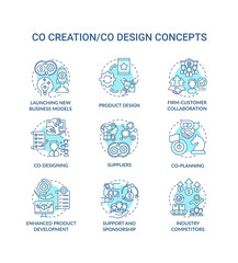 Co-creation concept icons set. Co-design idea thin line RGB color illustrations. Firm-customer collaboration. Co-planning. Product development. Vector isolated outline drawings. Editable stroke