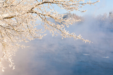 Fog winter landscape on the river Fabulous misty view of lake Frosty morning. Cold weather background concept. Abstract minimalistic picture. Christmas and New Year holiday greeting card