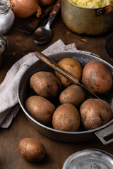 Raw uncooked potato in old vintage pot