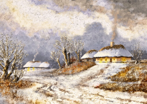 Paintings winter landscape, fine art, house in the snow, old village. Rural landscape.