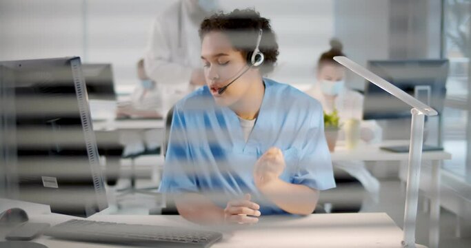 Female african doctor wear headset consulting patient by online video call.