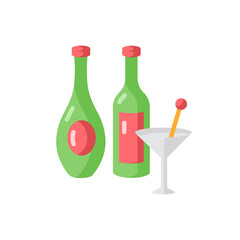 Wine and spirits vector flat color icon. Alcohol in bottles. Martini in glassware. Bar menu. Various drinks. Cocktail in glass. Cartoon style clip art for mobile app. Isolated RGB illustration