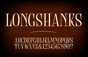 A tall condensed elegant serif alphabet with unique embellishments