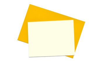 Blank card on yellow envelope. Minimalist composition on white background. Top view, empty space for text.	