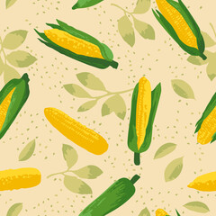 Vector summer pattern with sweet corns, flowers and leaves. Seamless texture design.