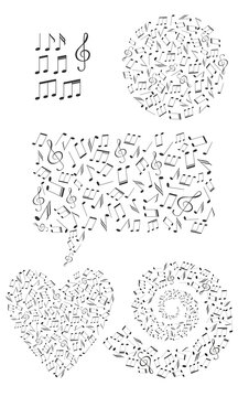 Set of shapes filled with music notes. Circle, heart, message, spiral shapes. Black and white design. Classic melody record elements. Vector illustration. Music store, festival, concert conception.
