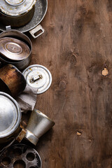 Old vintage iron pots and metallic dish