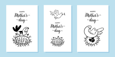 Illustration set greeting card for mother's day in doodle style. Mom is a bird and chicks. Congratulatory inscription.Black lines on a white background. Simple laconic style.