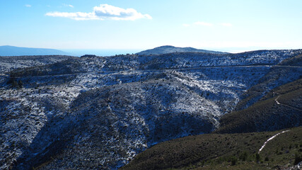 Scenic view from snowed Parnitha mountain, Attica, Greece
