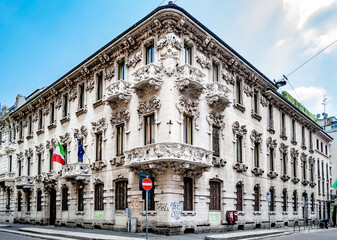 Liberty-style building in corso Monforte 32, built at the early 20th century, in Milan, Lombardy, northern Italy