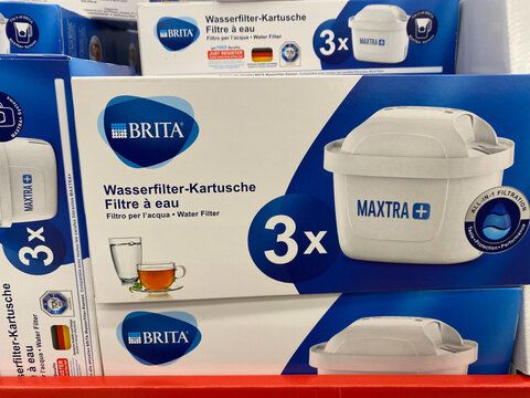 Viersen, Germany - January 9. 2021: Closeup of boxes brita water filter systems in shelf of german supermarket