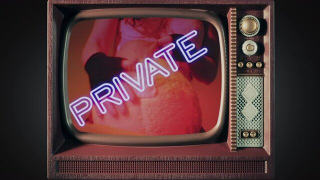Inside a toy tv: neon text signs (Girls, Live Show, Nude, Topless, Open, and so on) coming closer with a rotation. Background: a lingerie girl dancing while playing with a plush toy.
