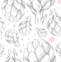 Seamless pattern with hand drawn artichokes. Vector illustration. Botanical pattern for textiles and wallpapers.