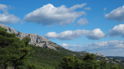 Beautiful mountain of Parnitha on a winter cloudy morning with clear blue sky, Attica, Greece