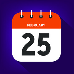 February day 25. Number twenty-five on a white paper with orange color border on purple background vector.