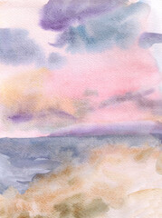 Hand drawn watercolor seascape with pink sunset.