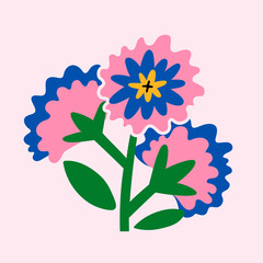 Branch of cute cartoon flowers isolated on light pink background. Botanical floral element. Flat vector illustration