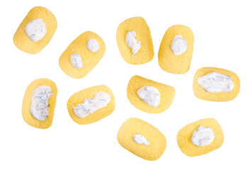 potato chips with  tartar sauce isolated on a white background, top view.