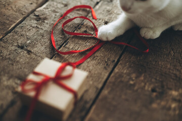 Cute cat playing with red ribbon from stylish craft gift box on rustic wood. Happy Valentines day