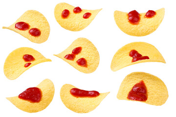 potato chips with  ketchup isolated on a white background.