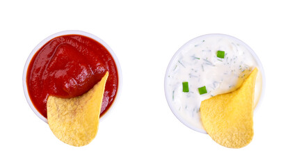 Tomato sauce with potato chips in  white ceramic bowl isolated on white background, top view.