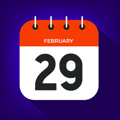 February day 29. Number twenty-nine on a white paper with orange color border on purple background vector.