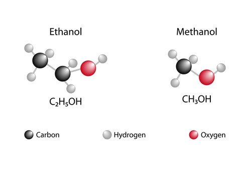 Ethanol ve methanol molecular models and chemical formulas of alcohol compounds.