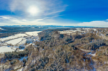 The famous monastery Kloster Schaeftlarn in Bavaria in Germany at the beautiful winter season, captured from above.