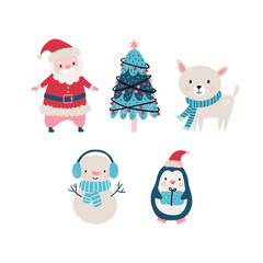 Christmas set in hand drawn style includes animals, santa and other elements. Vector illustration.