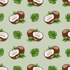 Seamless pattern coconut nut, tropical jungle fruit